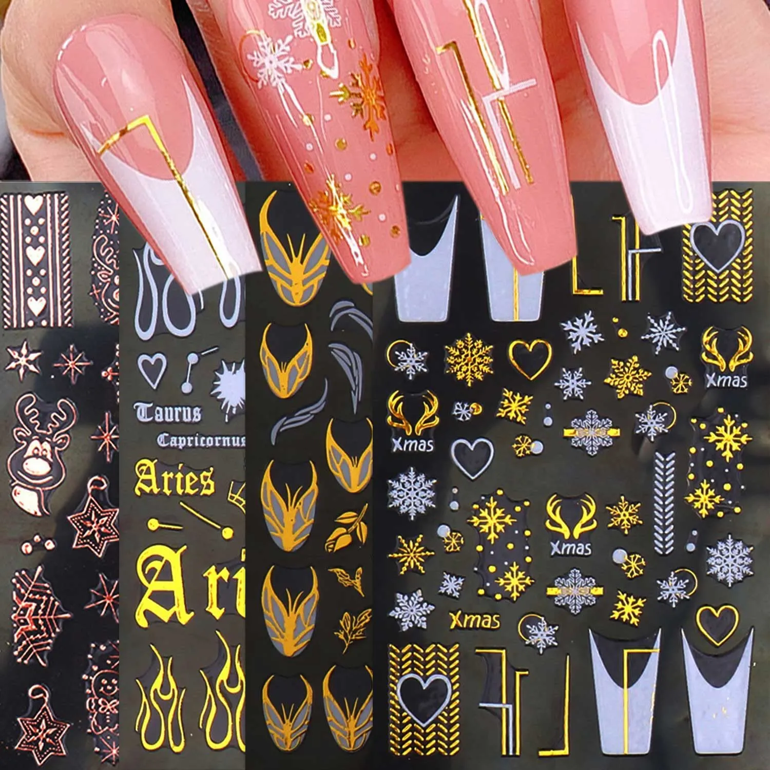 JMEOWIO 9 Sheets Christmas Nail Art Stickers Decals New 3D Snowflake Elk Pattern DIY Decoration Tools Accessories Long Beauty for Women Girls Kids
