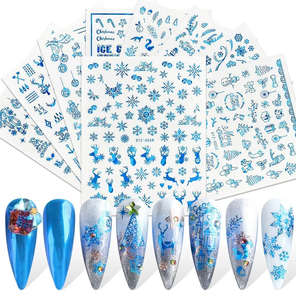 JMEOWIO 9 Sheets Christmas Nail Art Stickers Decals New 3D Snowflake Elk Pattern DIY Decoration Tools Accessories Long Beauty for Women Girls Kids