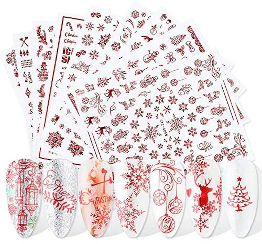 JMEOWIO 9 Sheets Christmas Nail Art Stickers Decals New 3D Snowflake Elk Pattern DIY Decoration Tools Accessories Long Beauty for Women Girls Kids