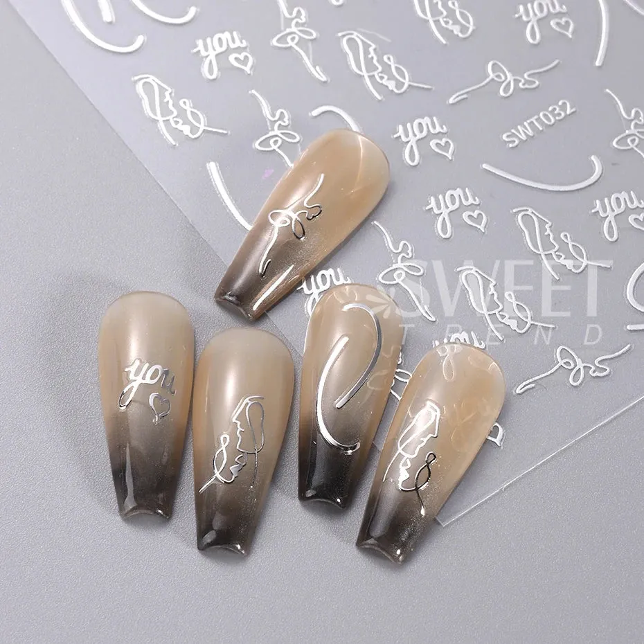 Joskaa 3D Christmas Nail Stickers Elk Snowflake Nails Sliders Geometric Silver Rose Gold Metal Stripe Letters Curve Gel Manicure Decor