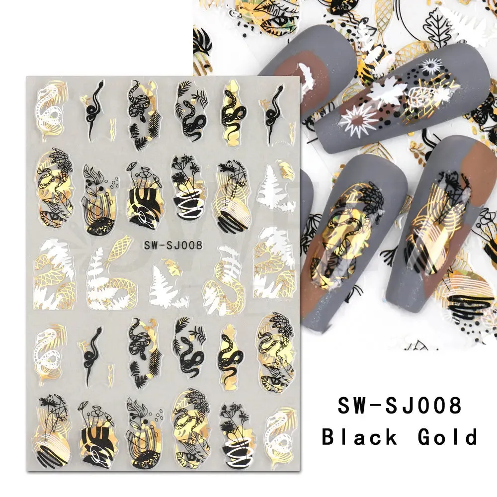 Joskaa 3D Christmas Nail Stickers Elk Snowflake Nails Sliders Geometric Silver Rose Gold Metal Stripe Letters Curve Gel Manicure Decor