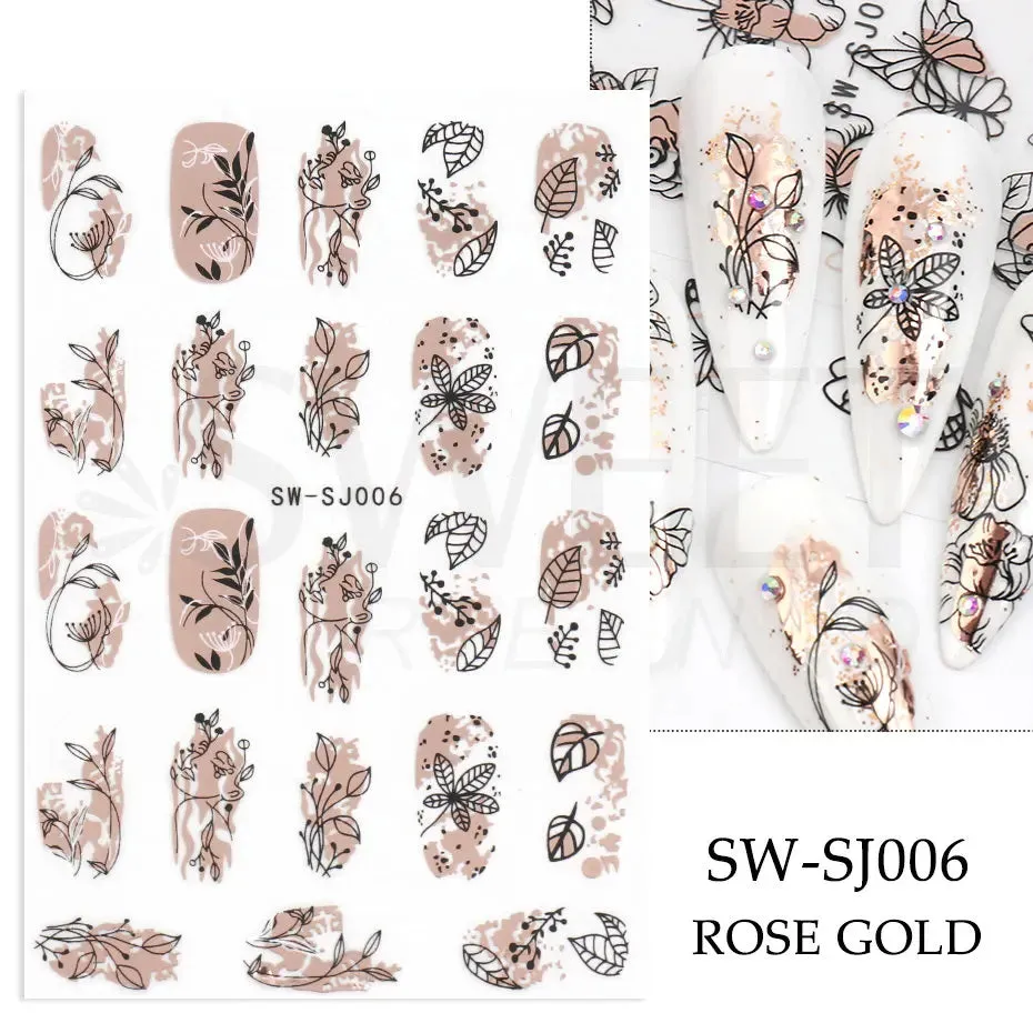 Joskaa 3D Christmas Nail Stickers Elk Snowflake Nails Sliders Geometric Silver Rose Gold Metal Stripe Letters Curve Gel Manicure Decor