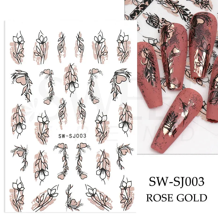 Joskaa 3D Christmas Nail Stickers Elk Snowflake Nails Sliders Geometric Silver Rose Gold Metal Stripe Letters Curve Gel Manicure Decor
