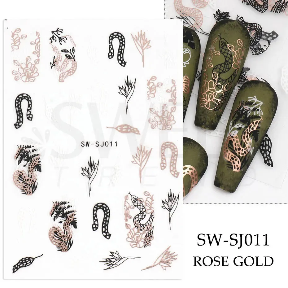 Joskaa 3D Christmas Nail Stickers Elk Snowflake Nails Sliders Geometric Silver Rose Gold Metal Stripe Letters Curve Gel Manicure Decor