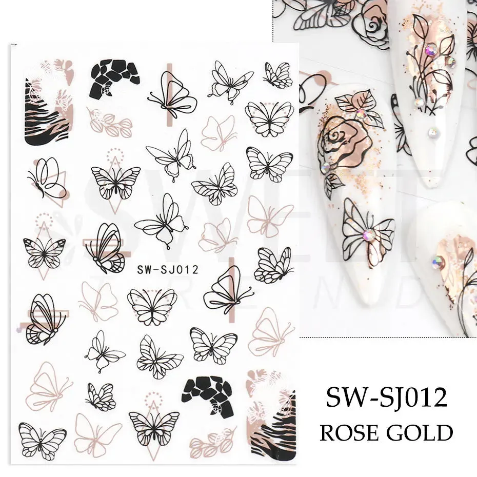 Joskaa 3D Christmas Nail Stickers Elk Snowflake Nails Sliders Geometric Silver Rose Gold Metal Stripe Letters Curve Gel Manicure Decor