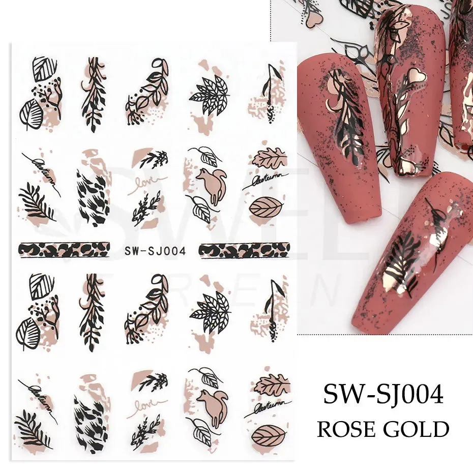 Joskaa 3D Christmas Nail Stickers Elk Snowflake Nails Sliders Geometric Silver Rose Gold Metal Stripe Letters Curve Gel Manicure Decor