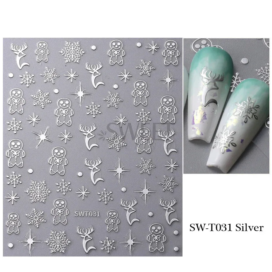 Joskaa 3D Christmas Nail Stickers Elk Snowflake Nails Sliders Geometric Silver Rose Gold Metal Stripe Letters Curve Gel Manicure Decor