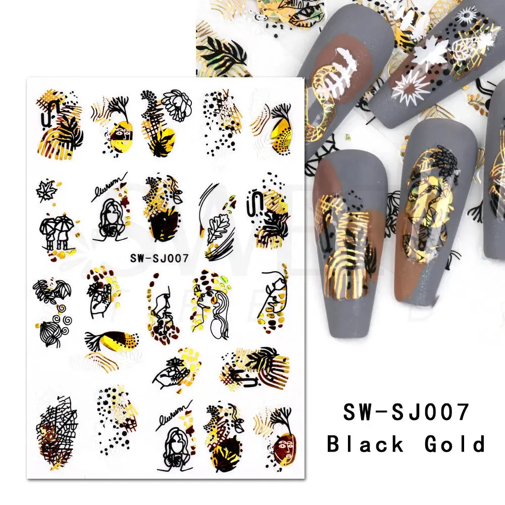 Joskaa 3D Christmas Nail Stickers Elk Snowflake Nails Sliders Geometric Silver Rose Gold Metal Stripe Letters Curve Gel Manicure Decor