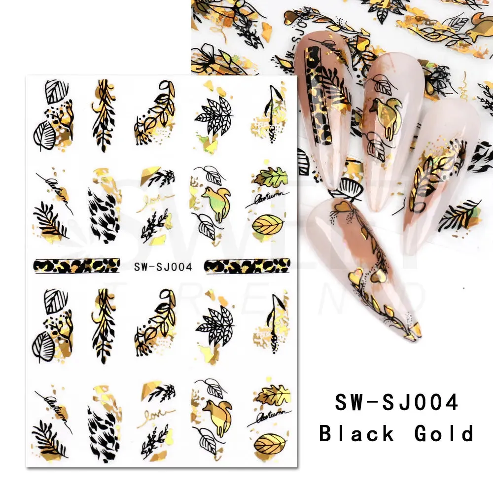 Joskaa 3D Christmas Nail Stickers Elk Snowflake Nails Sliders Geometric Silver Rose Gold Metal Stripe Letters Curve Gel Manicure Decor
