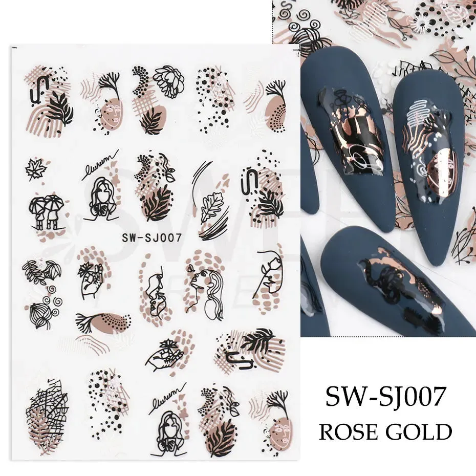 Joskaa 3D Christmas Nail Stickers Elk Snowflake Nails Sliders Geometric Silver Rose Gold Metal Stripe Letters Curve Gel Manicure Decor