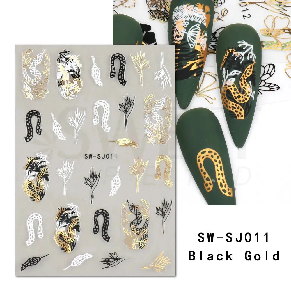 Joskaa 3D Christmas Nail Stickers Elk Snowflake Nails Sliders Geometric Silver Rose Gold Metal Stripe Letters Curve Gel Manicure Decor