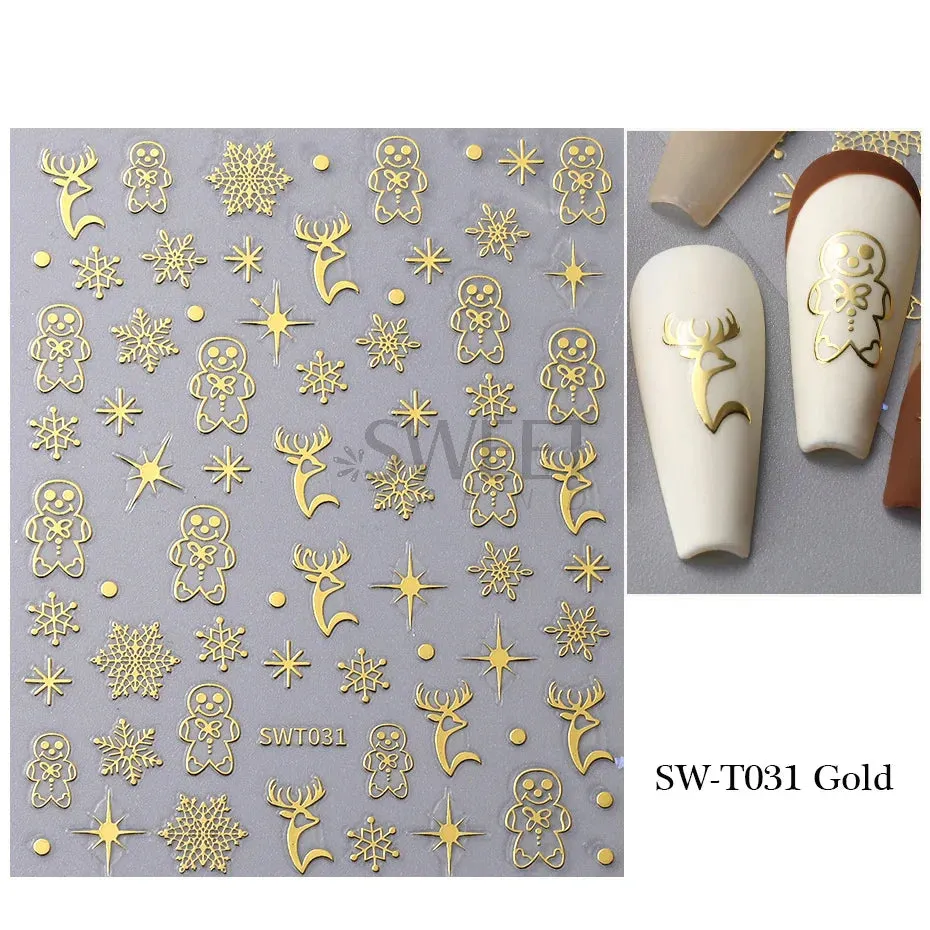Joskaa 3D Christmas Nail Stickers Elk Snowflake Nails Sliders Geometric Silver Rose Gold Metal Stripe Letters Curve Gel Manicure Decor