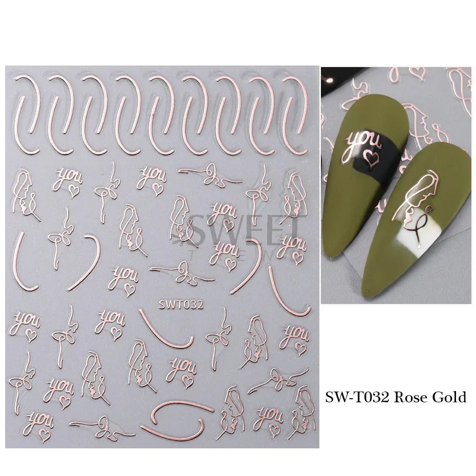 Joskaa 3D Christmas Nail Stickers Elk Snowflake Nails Sliders Geometric Silver Rose Gold Metal Stripe Letters Curve Gel Manicure Decor
