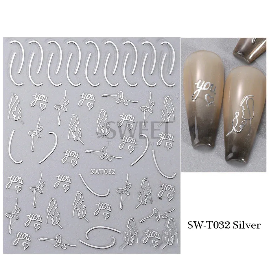 Joskaa 3D Christmas Nail Stickers Elk Snowflake Nails Sliders Geometric Silver Rose Gold Metal Stripe Letters Curve Gel Manicure Decor