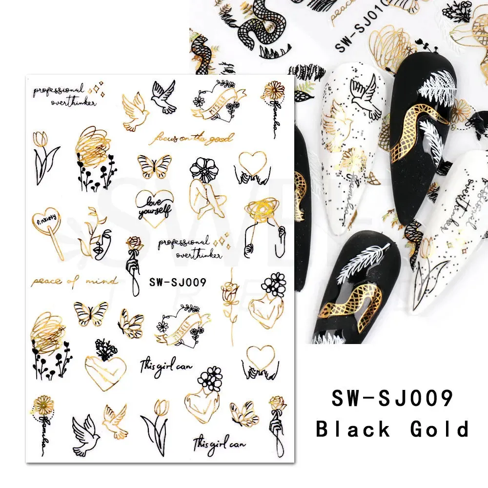 Joskaa 3D Christmas Nail Stickers Elk Snowflake Nails Sliders Geometric Silver Rose Gold Metal Stripe Letters Curve Gel Manicure Decor