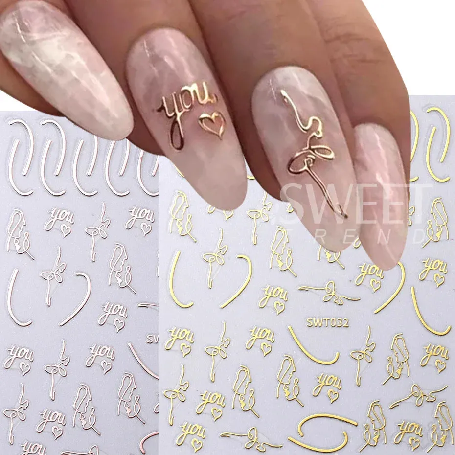 Joskaa 3D Christmas Nail Stickers Elk Snowflake Nails Sliders Geometric Silver Rose Gold Metal Stripe Letters Curve Gel Manicure Decor