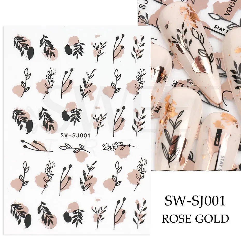 Joskaa 3D Christmas Nail Stickers Elk Snowflake Nails Sliders Geometric Silver Rose Gold Metal Stripe Letters Curve Gel Manicure Decor