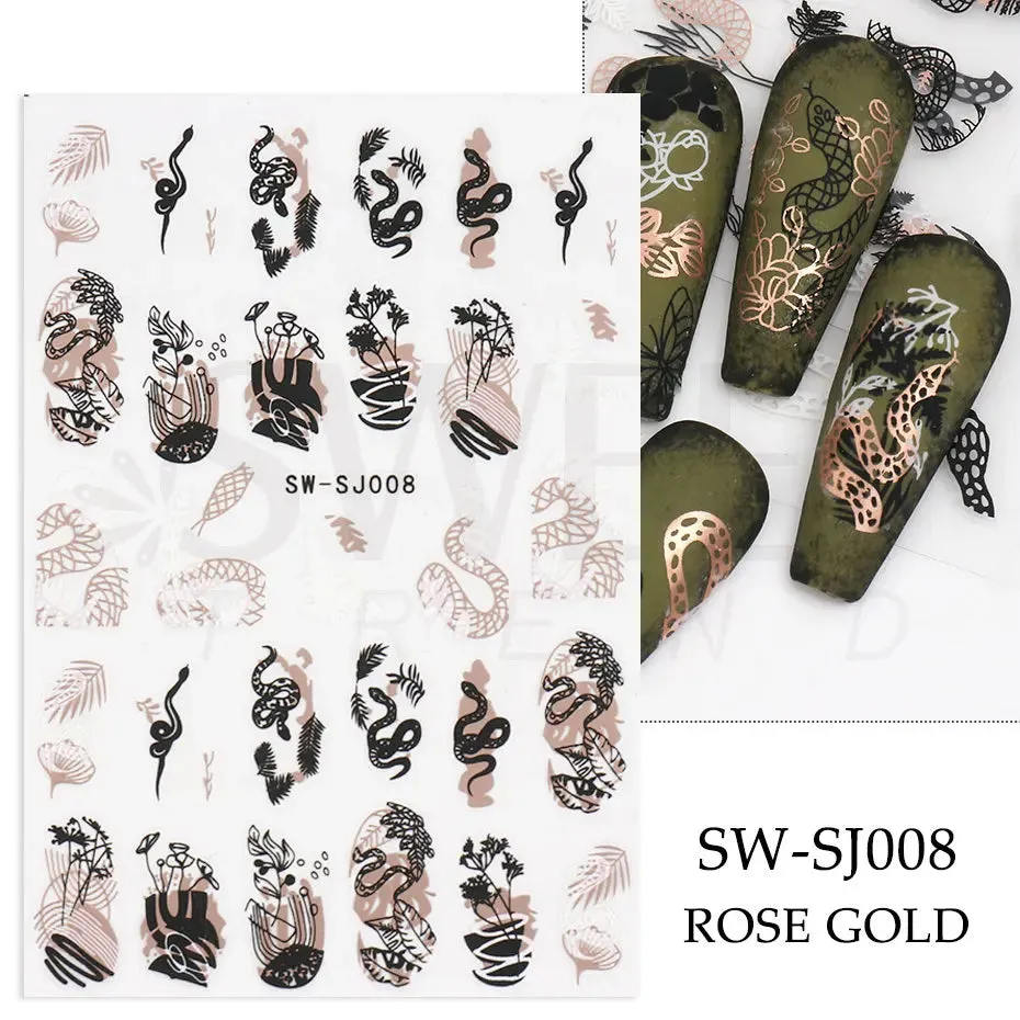 Joskaa 3D Christmas Nail Stickers Elk Snowflake Nails Sliders Geometric Silver Rose Gold Metal Stripe Letters Curve Gel Manicure Decor