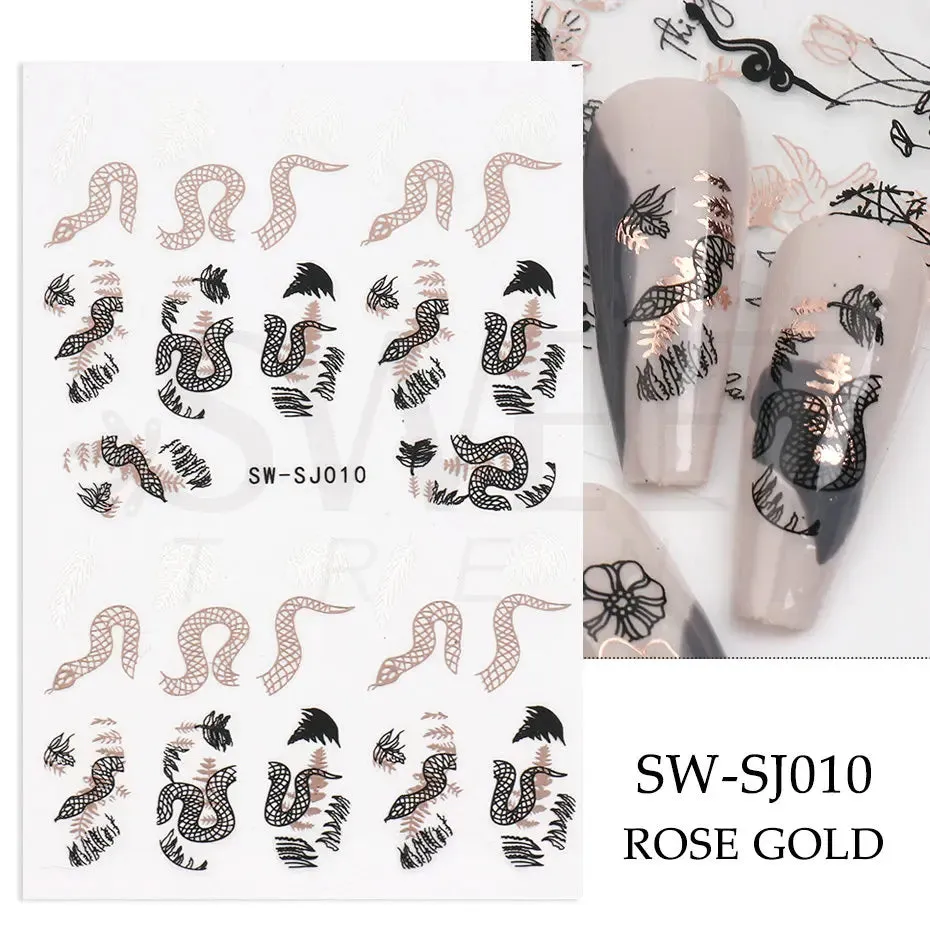 Joskaa 3D Christmas Nail Stickers Elk Snowflake Nails Sliders Geometric Silver Rose Gold Metal Stripe Letters Curve Gel Manicure Decor
