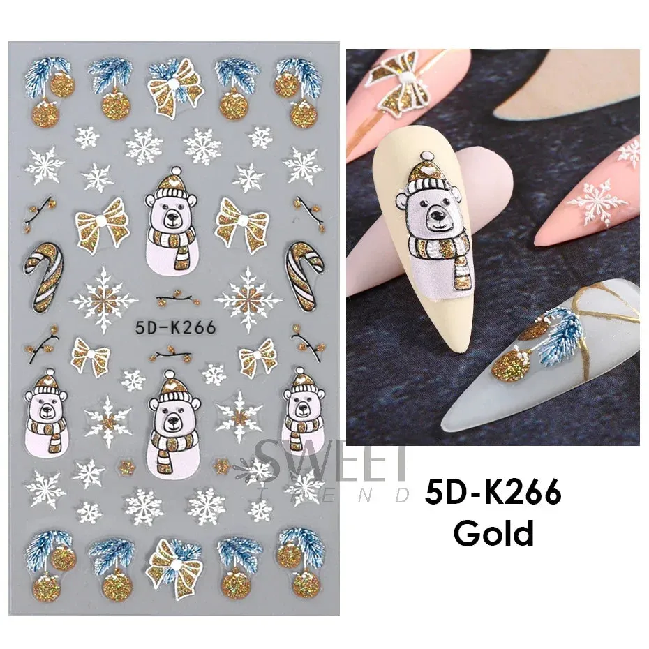 Joskaa Christmas Nail Sticker 5D Gold Glitter Snowflake Elk Penguin Bells Design Adhesive Nail Slider Decals Winter Manicure Decoration