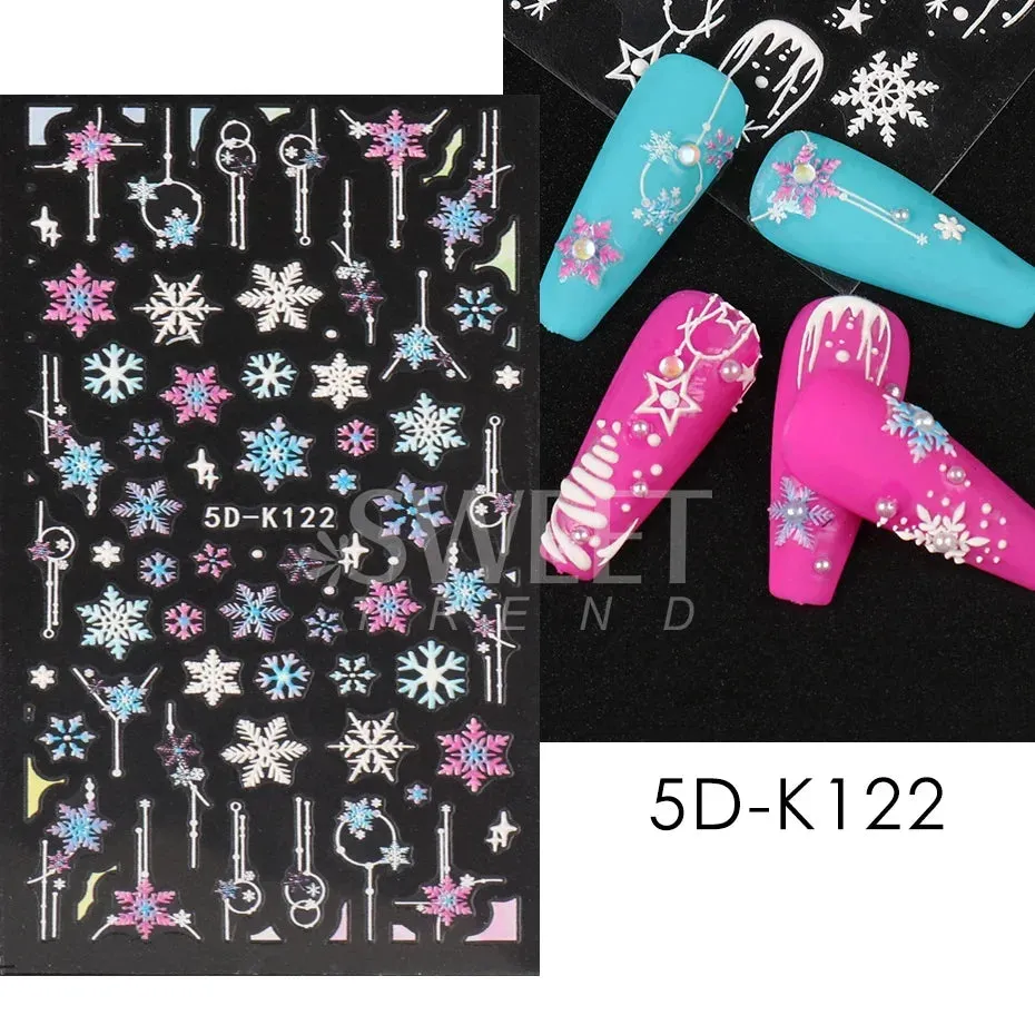 Joskaa Christmas Nail Sticker 5D Gold Glitter Snowflake Elk Penguin Bells Design Adhesive Nail Slider Decals Winter Manicure Decoration