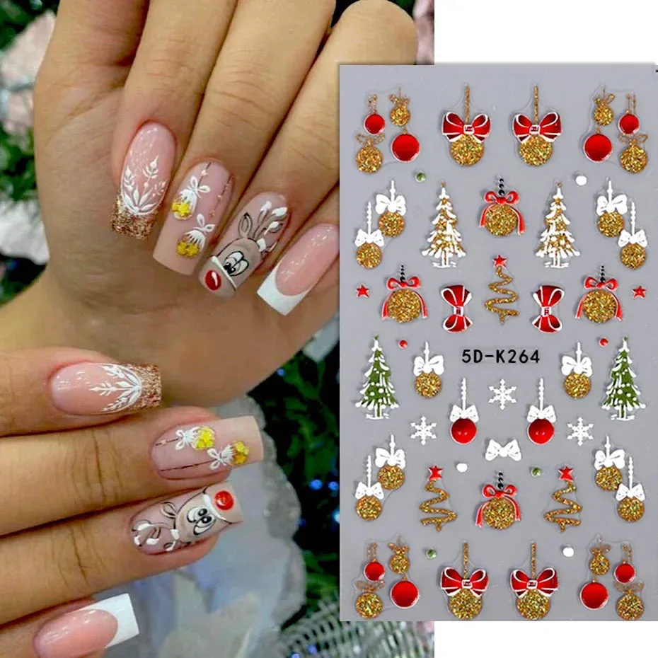 Joskaa Christmas Nail Sticker 5D Gold Glitter Snowflake Elk Penguin Bells Design Adhesive Nail Slider Decals Winter Manicure Decoration