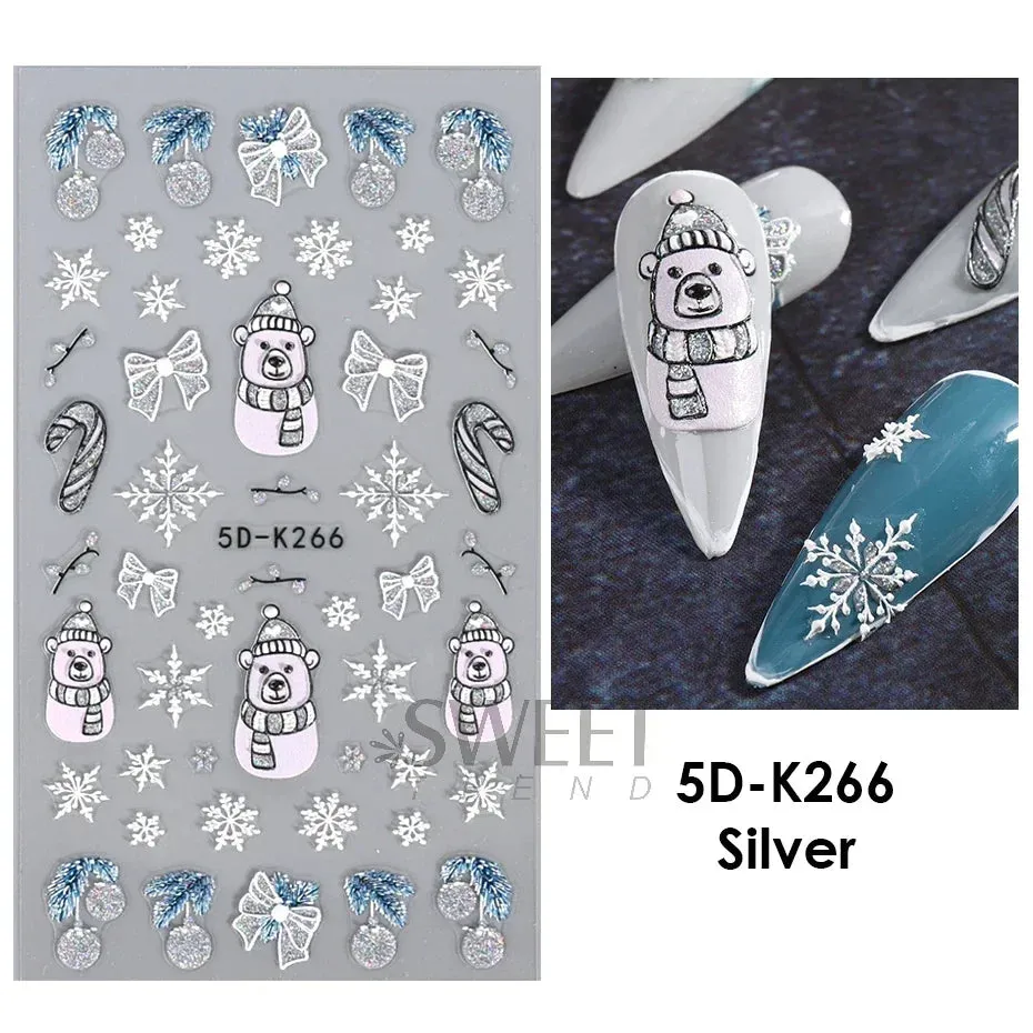 Joskaa Christmas Nail Sticker 5D Gold Glitter Snowflake Elk Penguin Bells Design Adhesive Nail Slider Decals Winter Manicure Decoration