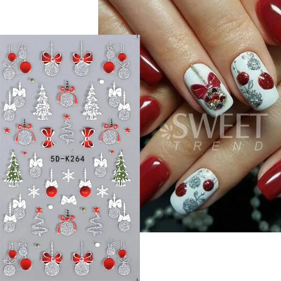 Joskaa Christmas Nail Sticker 5D Gold Glitter Snowflake Elk Penguin Bells Design Adhesive Nail Slider Decals Winter Manicure Decoration