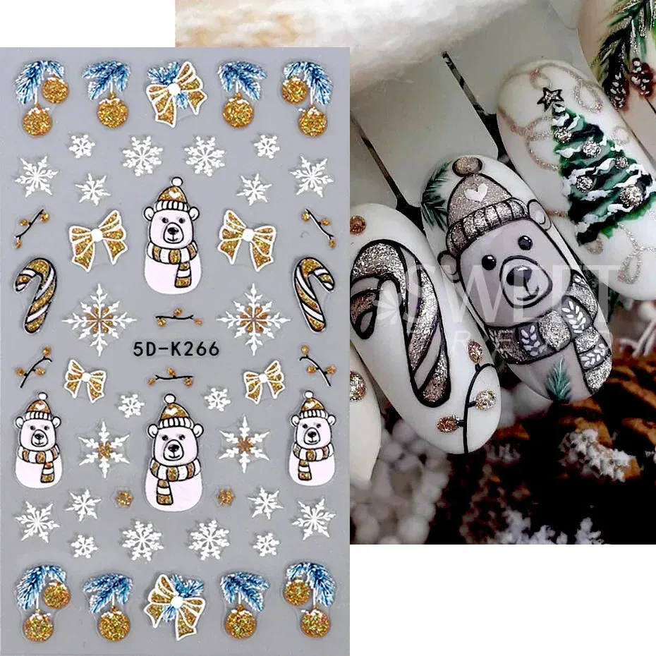 Joskaa Christmas Nail Sticker 5D Gold Glitter Snowflake Elk Penguin Bells Design Adhesive Nail Slider Decals Winter Manicure Decoration