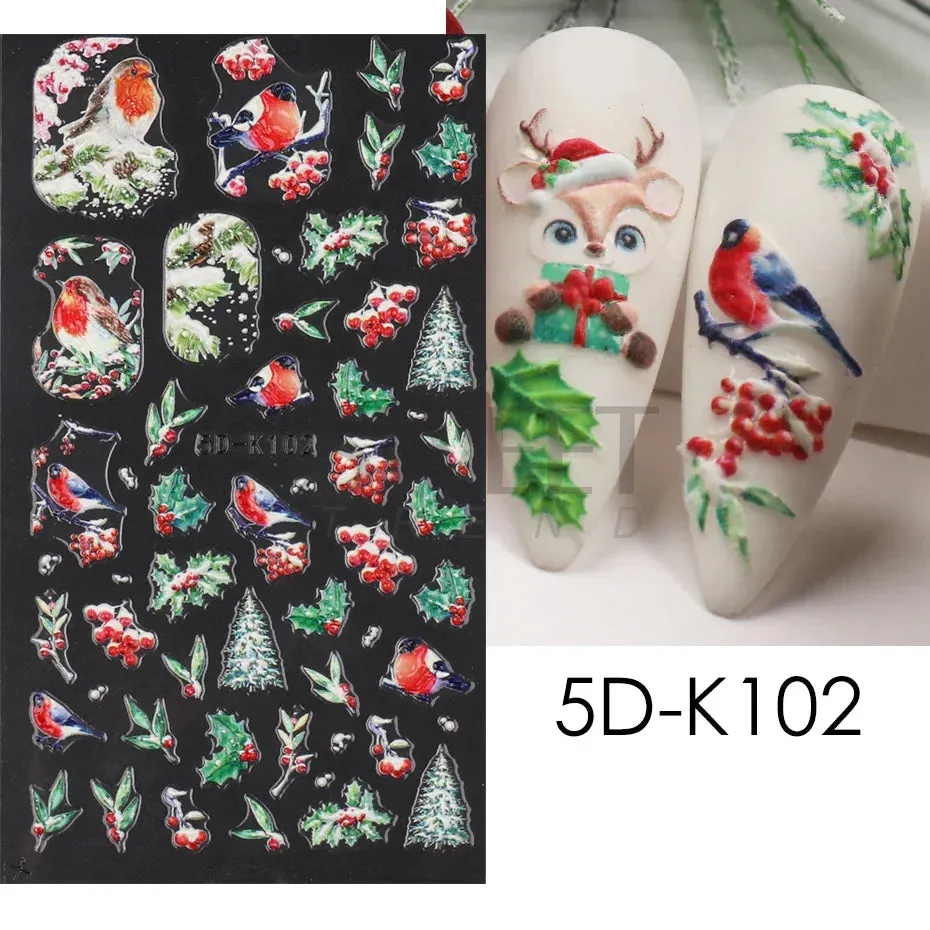 Joskaa Christmas Nail Sticker 5D Gold Glitter Snowflake Elk Penguin Bells Design Adhesive Nail Slider Decals Winter Manicure Decoration
