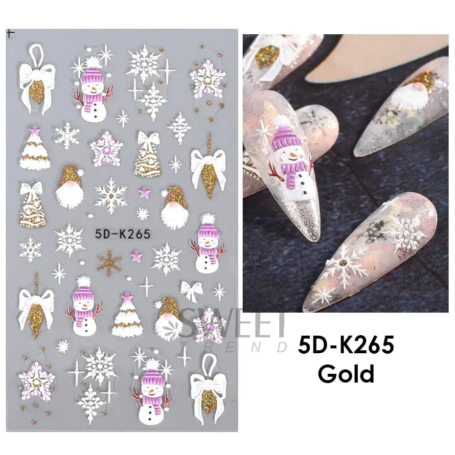 Joskaa Christmas Nail Sticker 5D Gold Glitter Snowflake Elk Penguin Bells Design Adhesive Nail Slider Decals Winter Manicure Decoration