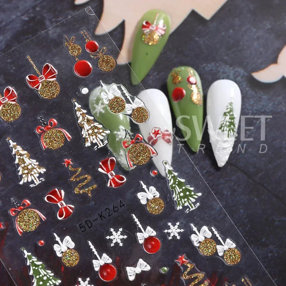 Joskaa Christmas Nail Sticker 5D Gold Glitter Snowflake Elk Penguin Bells Design Adhesive Nail Slider Decals Winter Manicure Decoration