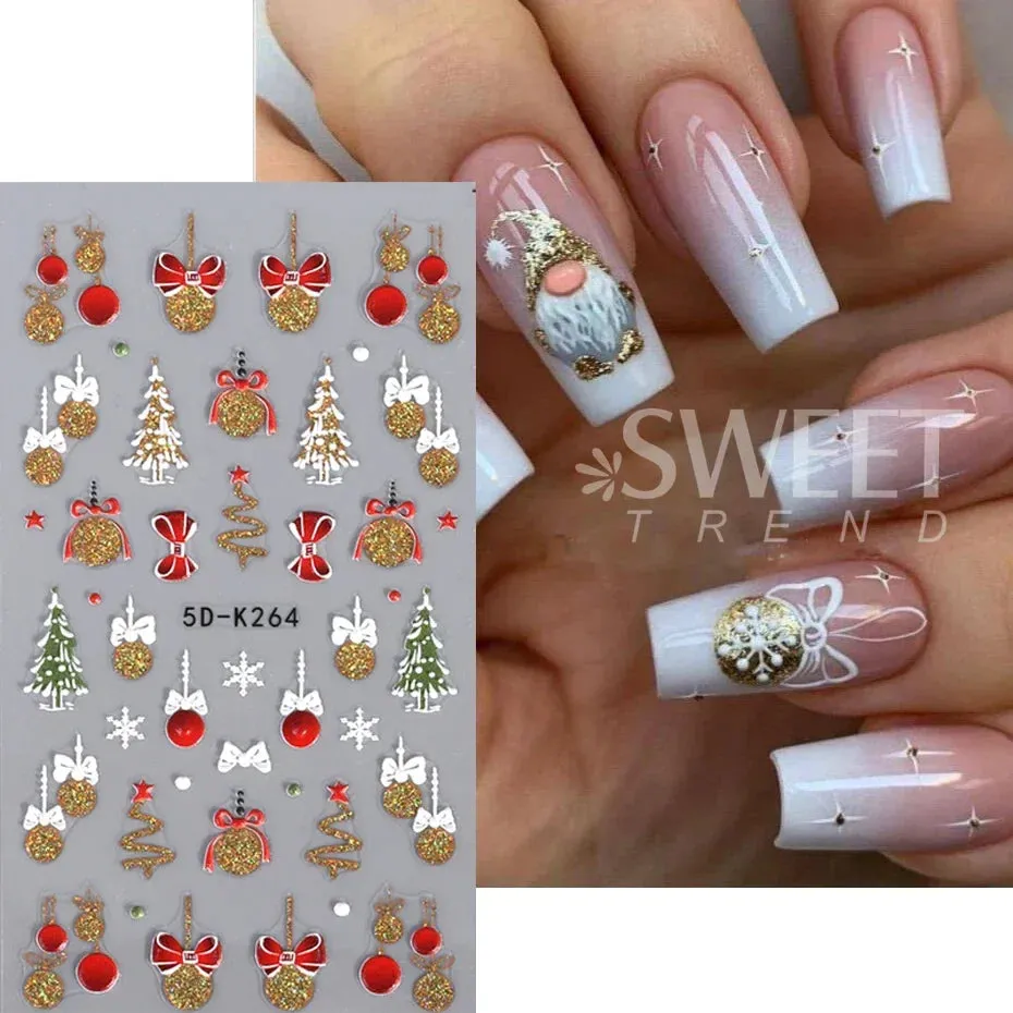 Joskaa Christmas Nail Sticker 5D Gold Glitter Snowflake Elk Penguin Bells Design Adhesive Nail Slider Decals Winter Manicure Decoration