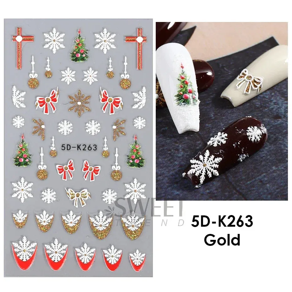 Joskaa Christmas Nail Sticker 5D Gold Glitter Snowflake Elk Penguin Bells Design Adhesive Nail Slider Decals Winter Manicure Decoration