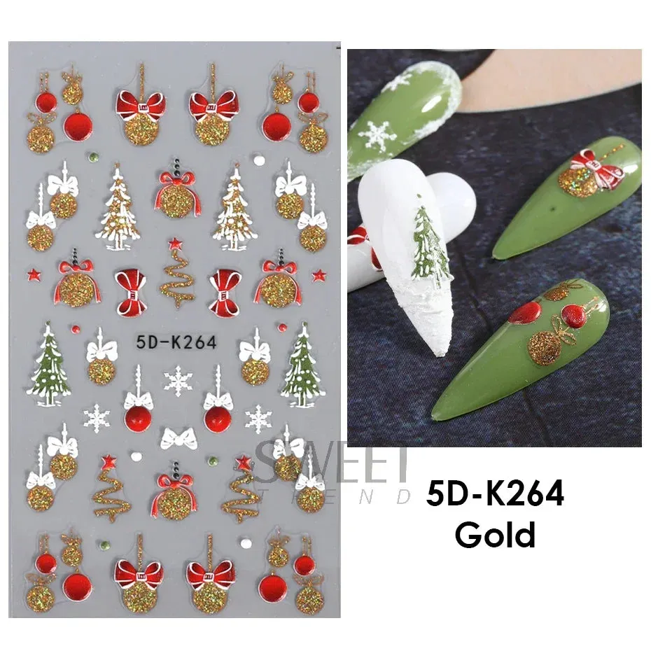 Joskaa Christmas Nail Sticker 5D Gold Glitter Snowflake Elk Penguin Bells Design Adhesive Nail Slider Decals Winter Manicure Decoration
