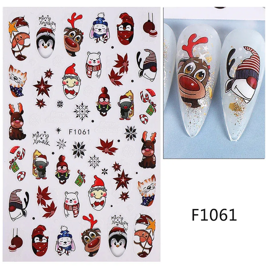 Joskaa Christmas Nail Sticker 5D Gold Glitter Snowflake Elk Penguin Bells Design Adhesive Nail Slider Decals Winter Manicure Decoration
