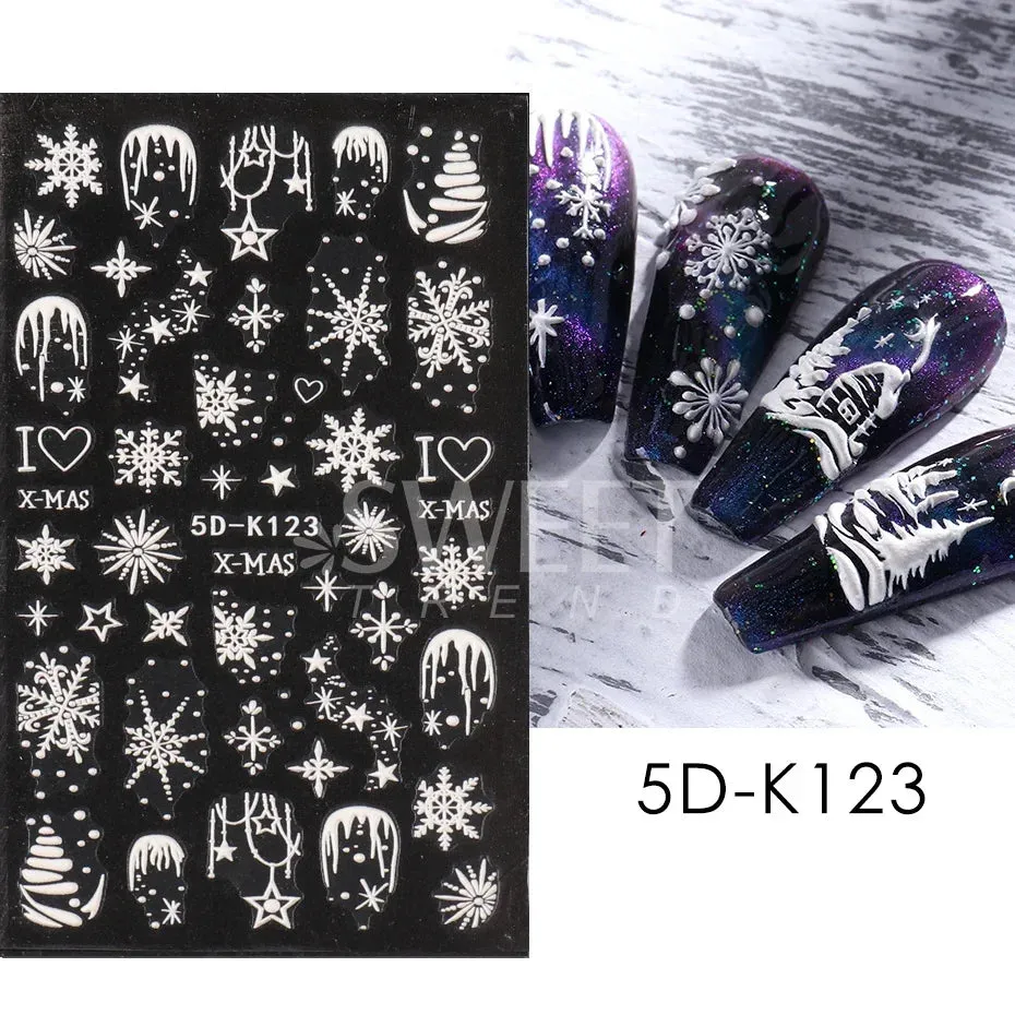 Joskaa Christmas Nail Sticker 5D Gold Glitter Snowflake Elk Penguin Bells Design Adhesive Nail Slider Decals Winter Manicure Decoration