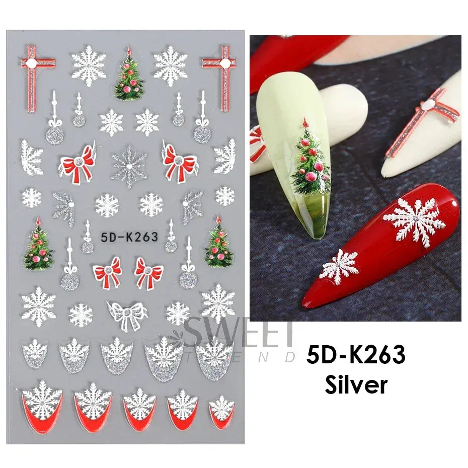 Joskaa Christmas Nail Sticker 5D Gold Glitter Snowflake Elk Penguin Bells Design Adhesive Nail Slider Decals Winter Manicure Decoration