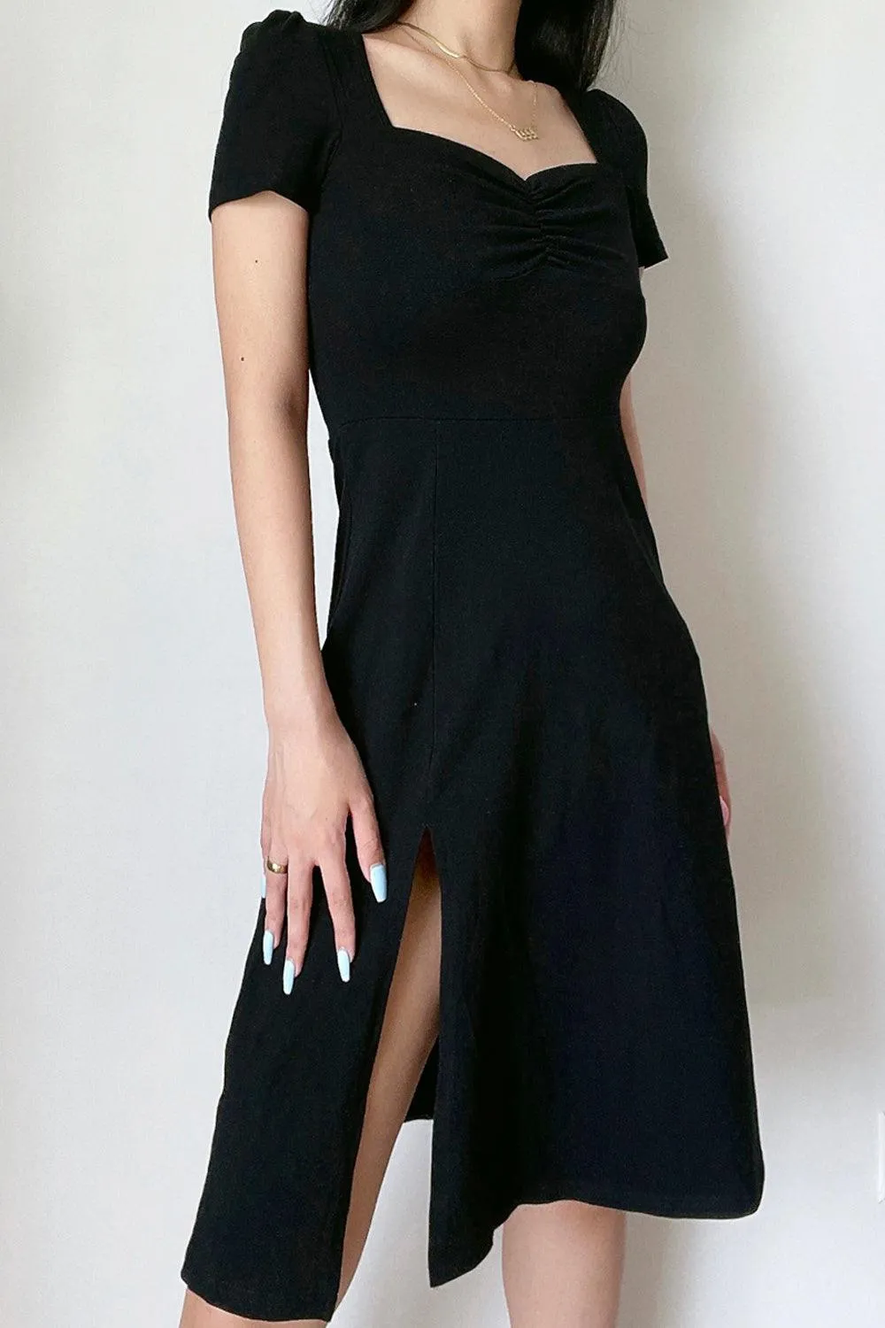 Knee Long Side Cut Black Dress
