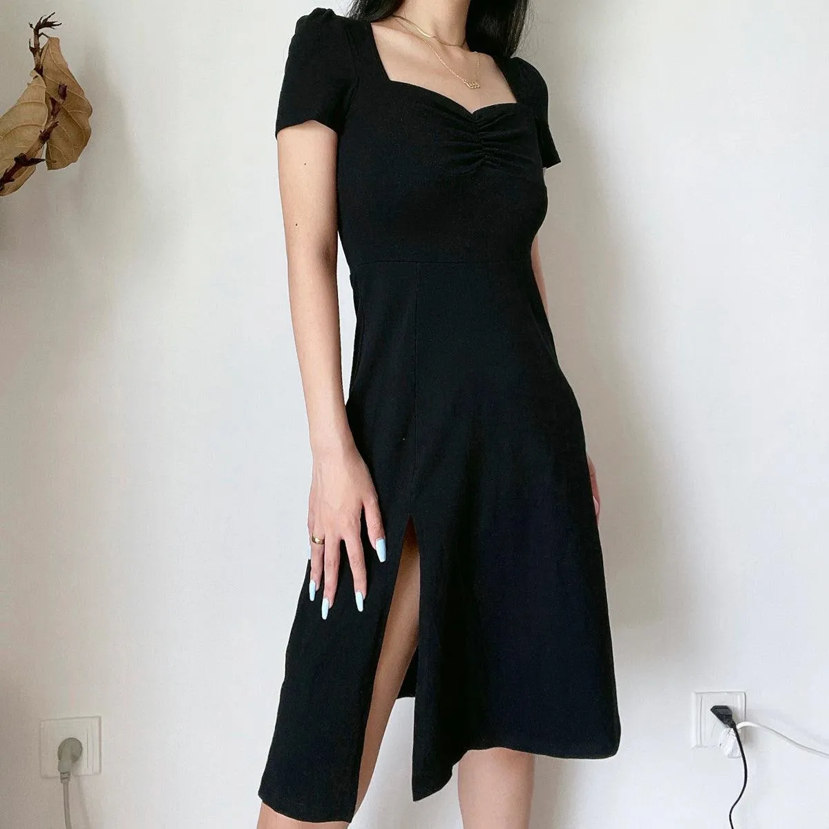 Knee Long Side Cut Black Dress