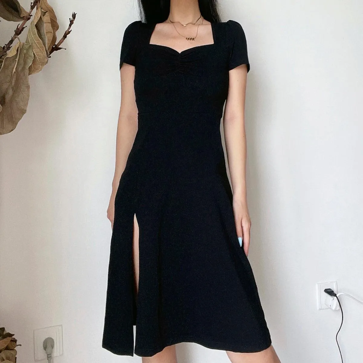 Knee Long Side Cut Black Dress