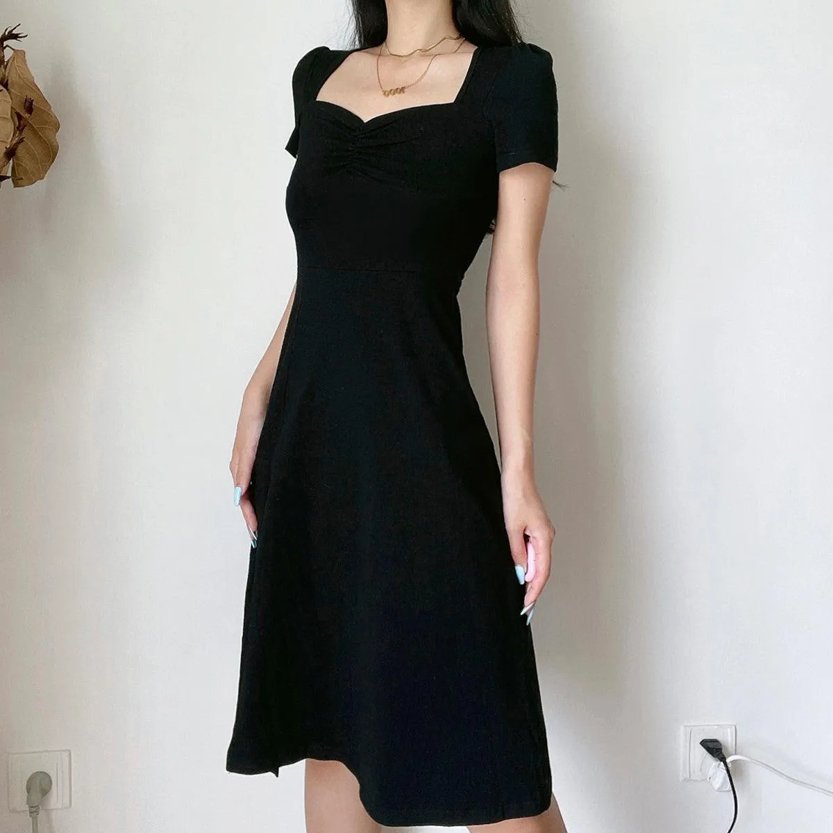 Knee Long Side Cut Black Dress