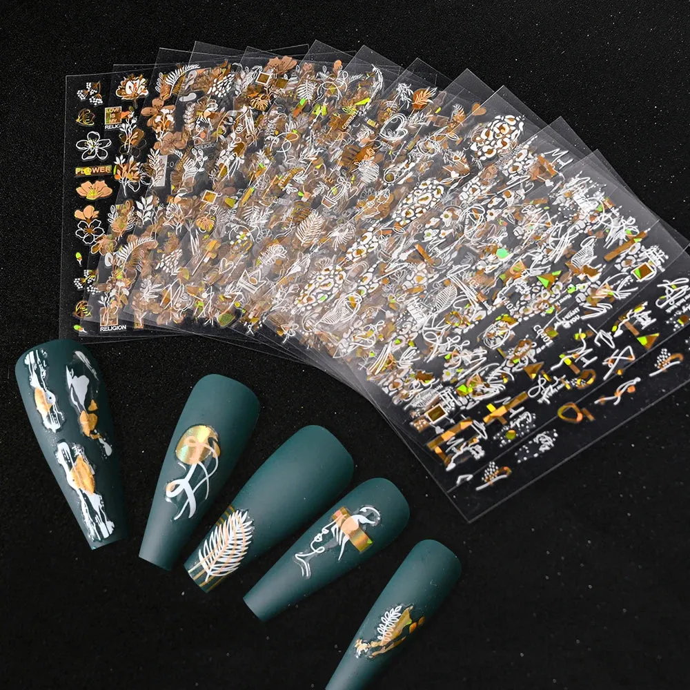 Laser Silver Christmas Nail Stickers Set Winter Elk Snowflake Nail Art Decorations 3D DIY Manicure Decor Gel Slider Decal