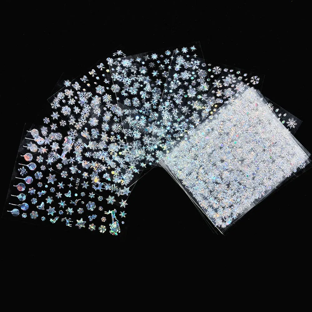 Laser Silver Christmas Nail Stickers Set Winter Elk Snowflake Nail Art Decorations 3D DIY Manicure Decor Gel Slider Decal