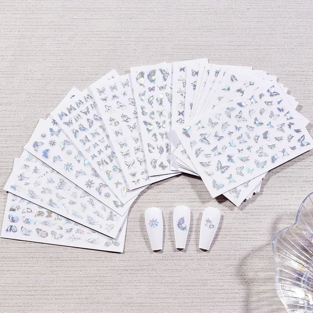 Laser Silver Christmas Nail Stickers Set Winter Elk Snowflake Nail Art Decorations 3D DIY Manicure Decor Gel Slider Decal