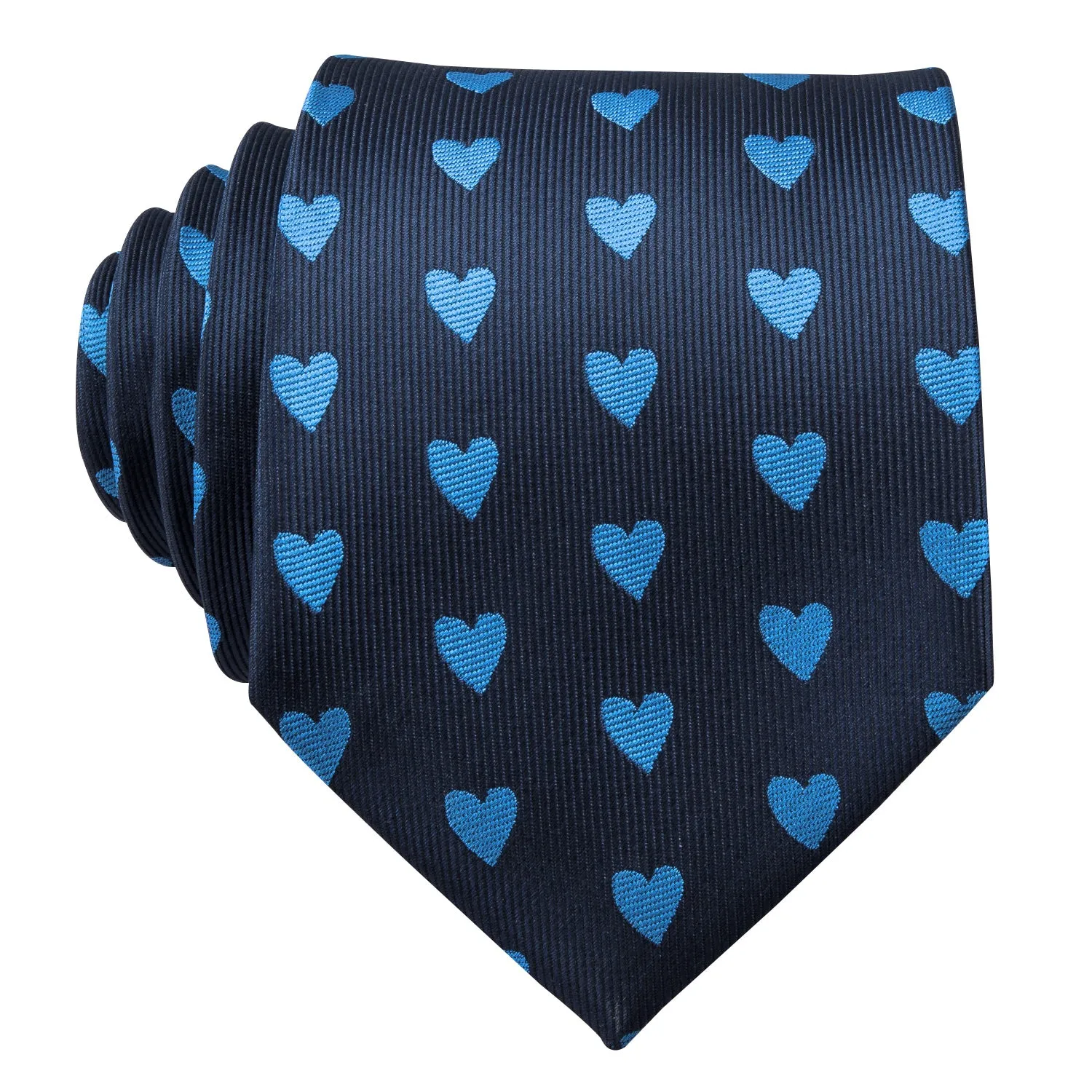 Light Blue Heart Pattern Tie Handkerchief Cufflinks Set