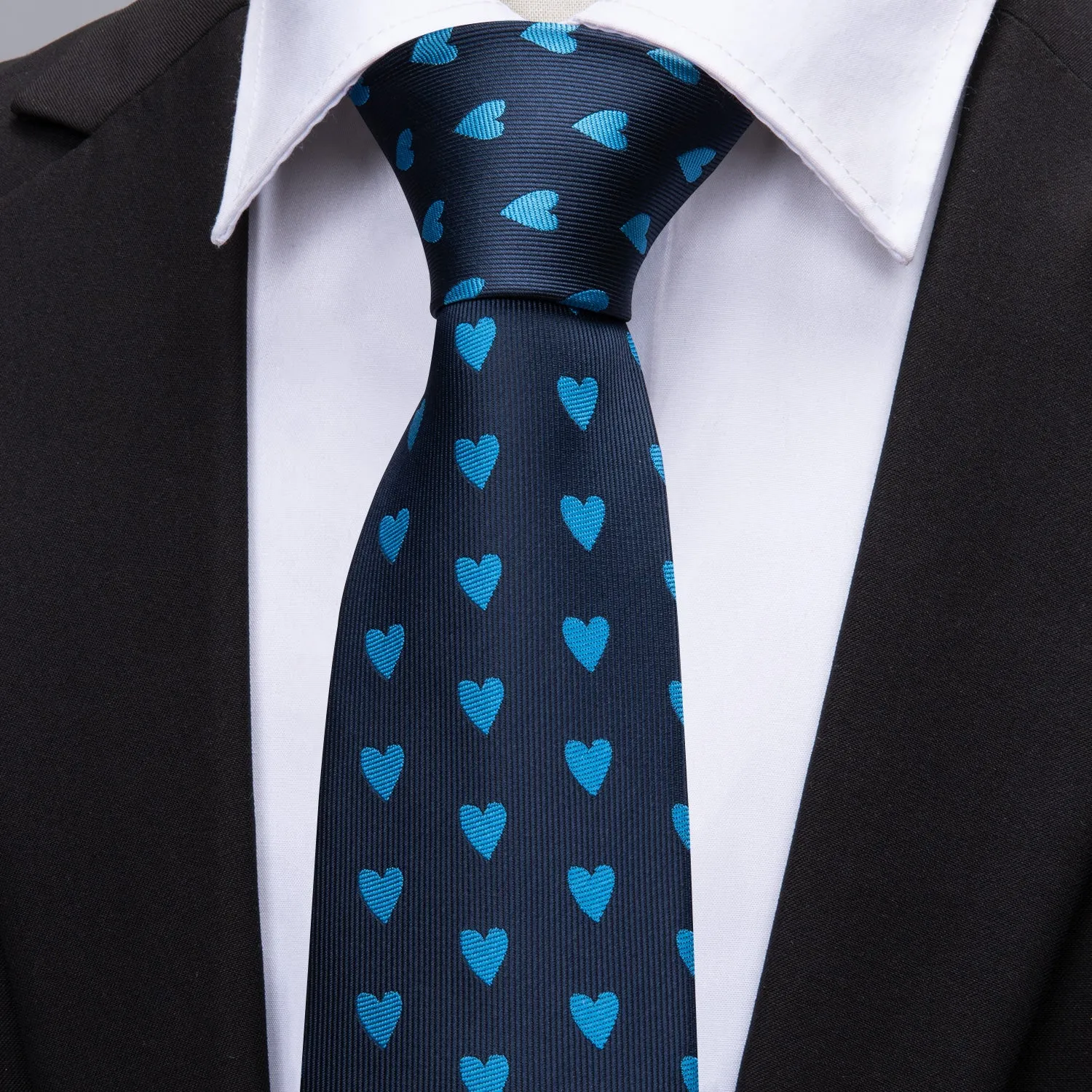 Light Blue Heart Pattern Tie Handkerchief Cufflinks Set