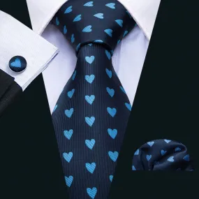 Light Blue Heart Pattern Tie Handkerchief Cufflinks Set