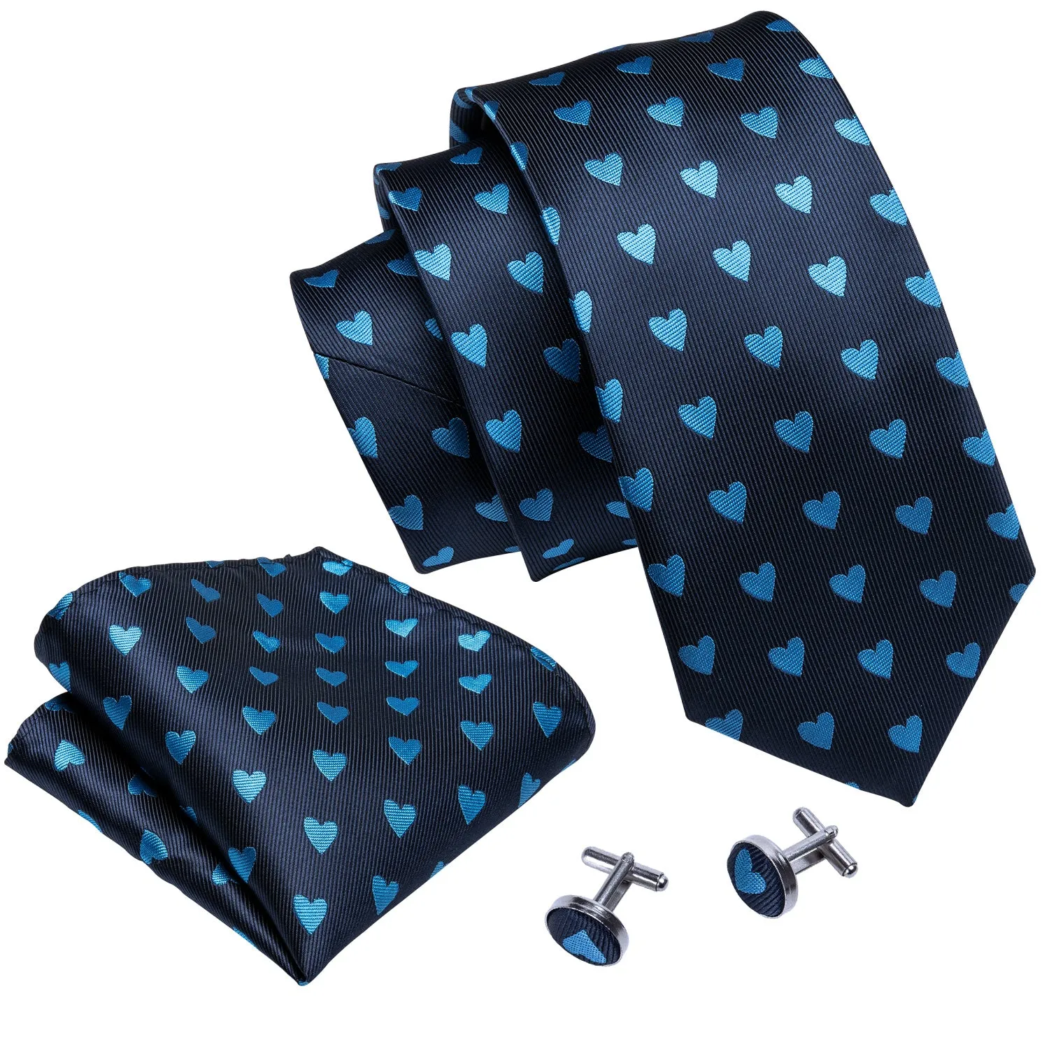 Light Blue Heart Pattern Tie Handkerchief Cufflinks Set