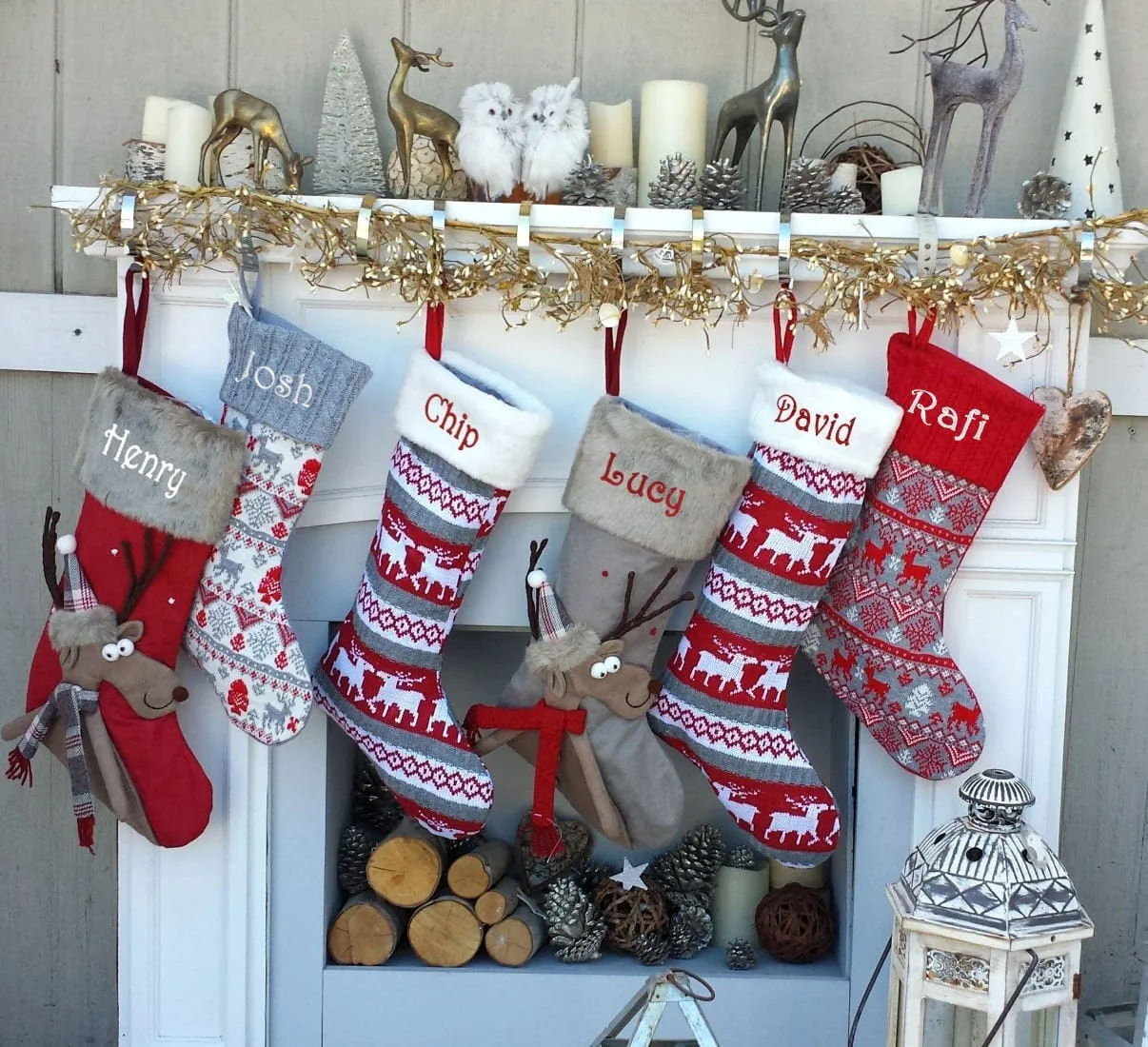 Reindeer Fun & Reindeer Knit Christmas Stockings Red White Gray Scandinavian Nordic Knitted Holiday Theme Kids Adults Personalized Christmas